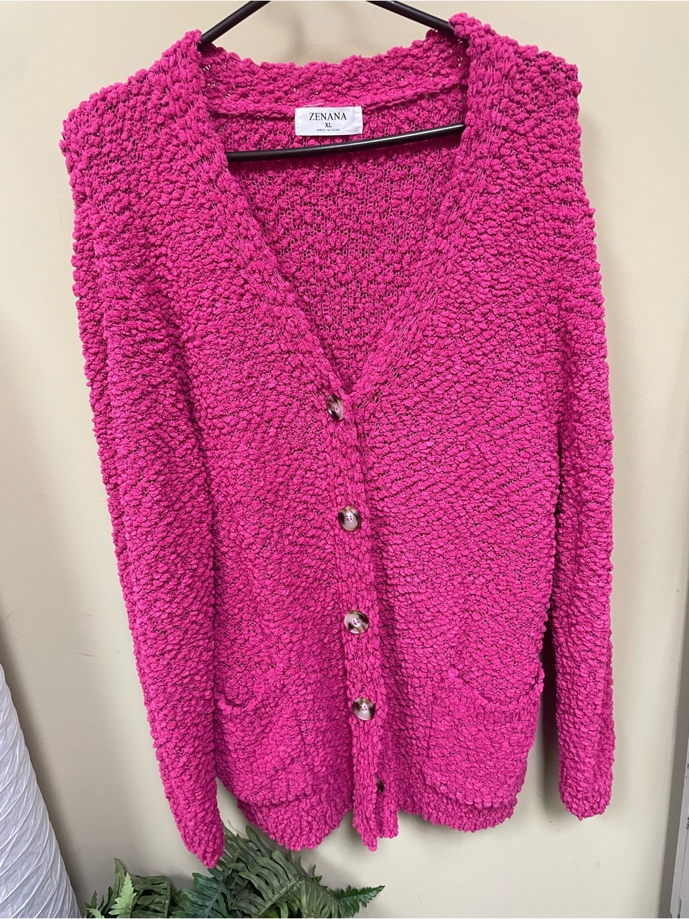 Zenana Outfitters Fuchsia Bouclé Button-Front Cardigan - Picture 3 of 8